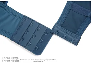 Détail de la fermeture à trois rangées sur le dos du soutien-gorge en maille bleue