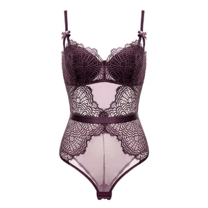 Close-up of dark purple lace bodysuit featuring sheer mesh panels and bow details