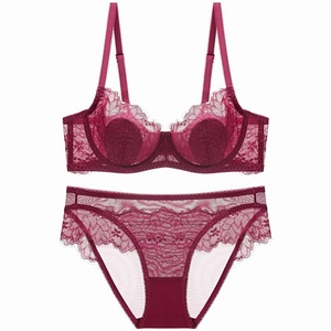 Breathable burgundy floral lace lingerie set with underwire bra and matching panties