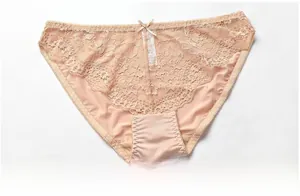 Close-up of nude lace panties with floral embroidery and small bow tie detail