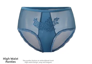 Détail d'une culotte bleue taille haute en mesh avec broderie florale sur fond blanc pur