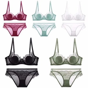 Detailed display of delicate floral lace bra and panty sets in five vibrant colors