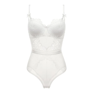 Detail of white floral lace bodysuit featuring structured cups and mesh paneling