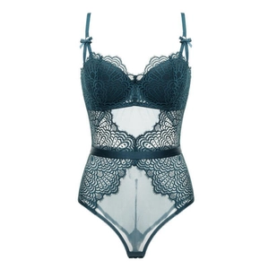 Detailed view of teal lace bodysuit featuring underwire support and sheer mesh panels
