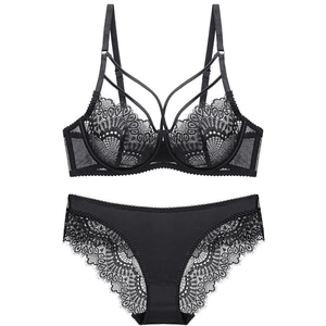 Sexy black lace lingerie set with unlined push-up bra and matching eyelash lace panties