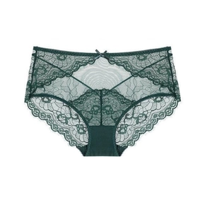 Spitzen-Dessous-Set mit hoher Taille und dunkelgrünem Blumenmuster sowie kleiner Schleife