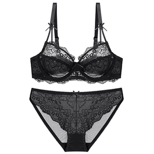 Sexy Ultra-Thin Lace Bra And Panty Set Breathable Mesh Floral Lingerie Set For Women Nylon Polyester Top And Bottom Set