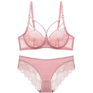 Elegant floral lace lingerie set in dusty rose pink with wired bra and matching panties