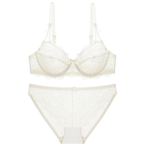 Elegant white floral lace lingerie set with semi-cup bra and matching panty on white background
