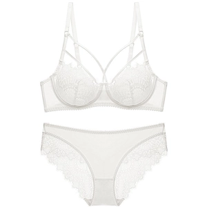 White floral lace lingerie set with underwire bra and matching panties on white background