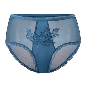 Culotte haute bleu marine en résille avec broderie rose délicate et bordure en dentelle
