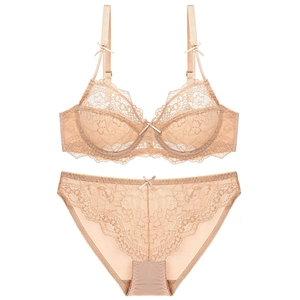 Lace mesh breathable lingerie set in nude color featuring floral patterns and bow details