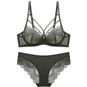 Deep green sheer lace lingerie set with underwire bra and eyelash trim briefs