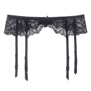 Sexy black floral lace garter belt with adjustable straps and delicate bow detail