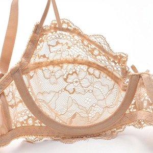 Beige floral lace bra with breathable mesh fabric and supportive underwire design