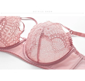 Detail of floral embroidery lace and eyelash trim on a mauve breathable bra
