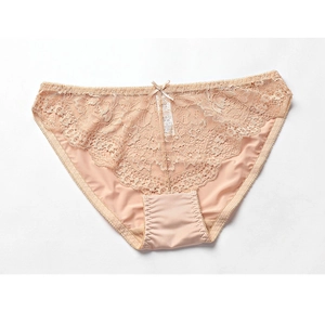Lace panty in beige with sheer floral patterns and a small decorative bow detail