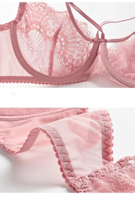 Detailed view of pale pink lace bra with sheer mesh fabric and scalloped embroidery