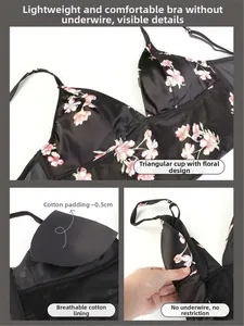 Detail of floral wireless bralette featuring 0.5cm thin cotton pads and breathable lining
