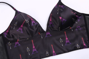 Detail of satin bra with Eiffel Tower print and breathable side mesh panels