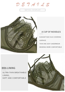 Detail of dark green floral lace embroidery and breathable mesh lining of the bra