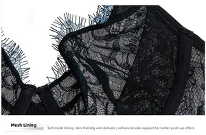 Detailed macro view of black floral eyelash lace and breathable soft mesh inner lining