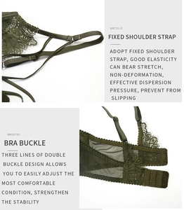 Detail view of dark green floral lace bra with adjustable straps and back buckle closure