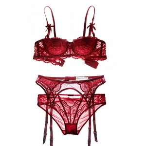 Set lingerie sexy in pizzo bordeaux 3 pezzi con reggiseno push-up e reggicalze