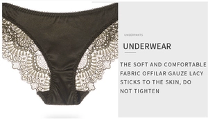 Detail of dark olive lace panties showing floral embroidery and silky satin fabric texture