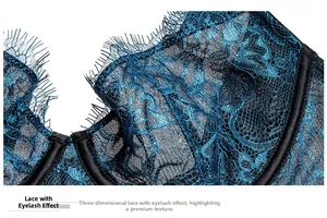 Detailed close-up of intricate peacock blue eyelash lace fabric on sexy women's lingerie