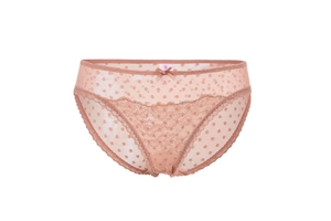 Detailed view of pink polka dot mesh panties with elegant floral lace and bow detail