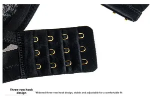 Detailed macro view of the three-row hook-and-eye closure on black lace lingerie