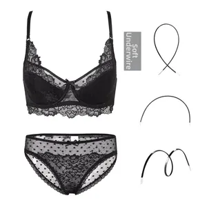 Detailed view of flexible soft underwire and floral black lace bra set on white background