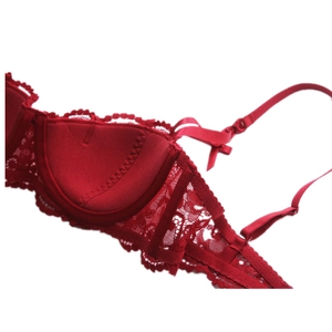 Dettaglio delle coppe del reggiseno in pizzo rosso con spalline regolabili e fiocco