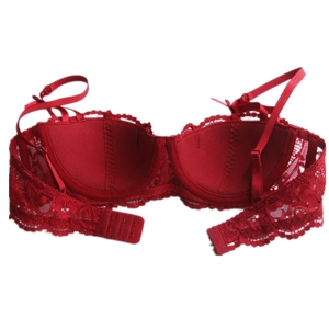 Dettaglio del reggiseno in pizzo rosso con spalline regolabili e chiusura a tre ganci