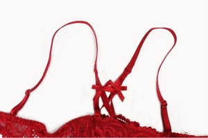 Primo piano di lingerie in pizzo rosso con spalline regolabili e fiocco decorativo