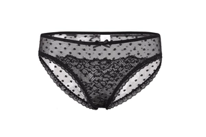 Detail of black polka dot mesh panties with lace trim and bow on white background