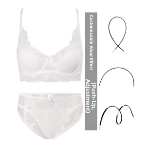 Detailed view of white floral lace lingerie set featuring mesh panties and shaping supports