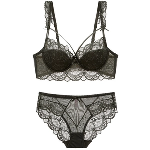 Deep green lace bra set with floral embroidery and mesh panties on white background