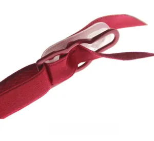 Macro della chiusura elastica in gomma e anello in acciaio rosso per set di lingerie