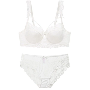 Lace lingerie set with floral patterns and scalloped edges including bra and briefs