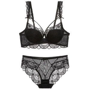 Elegant black lace lingerie set with push-up bra and matching panties on white background
