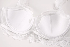 Close-up of white summer bra detailing intricate lace trim and memory steel wire design
