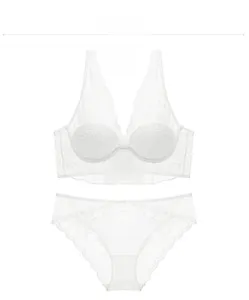 Flat lay of off-white floral lace lingerie set with V-neck bra and matching panties