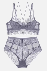 Detailed view of gray floral lace lingerie set with underwire bra and high waist panties
