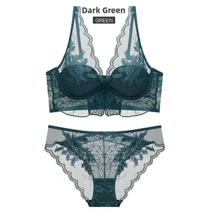 Detail of dark green lace lingerie set featuring floral patterns and sheer mesh fabric