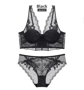 Detail of black floral lace lingerie set with plunge bra and matching sheer mesh panties