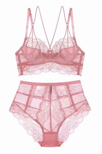 Detailed view of the rose pink lace lingerie set with floral mesh bra and high waist panty