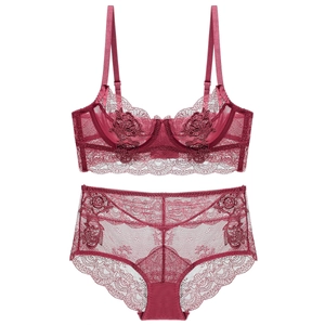 Women French Sexy Ultra Thin Transparent Lace Bra And Panty Floral Embroidery Underwire Lingerie Large Size Push Up Brassiere