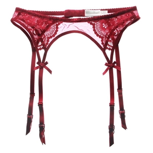 Set reggicalze in pizzo rosso in tre pezzi con spalline regolabili e fiocchi